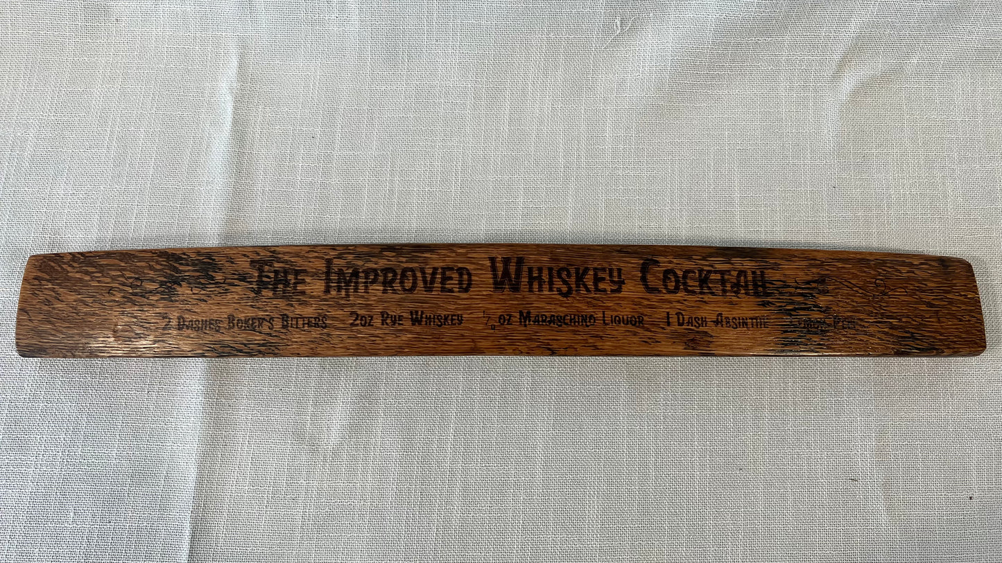 Decorative Barrel Stave with Cocktail Recipe / Sazerac, Old Fashioned, Improved Whiskey Cocktail