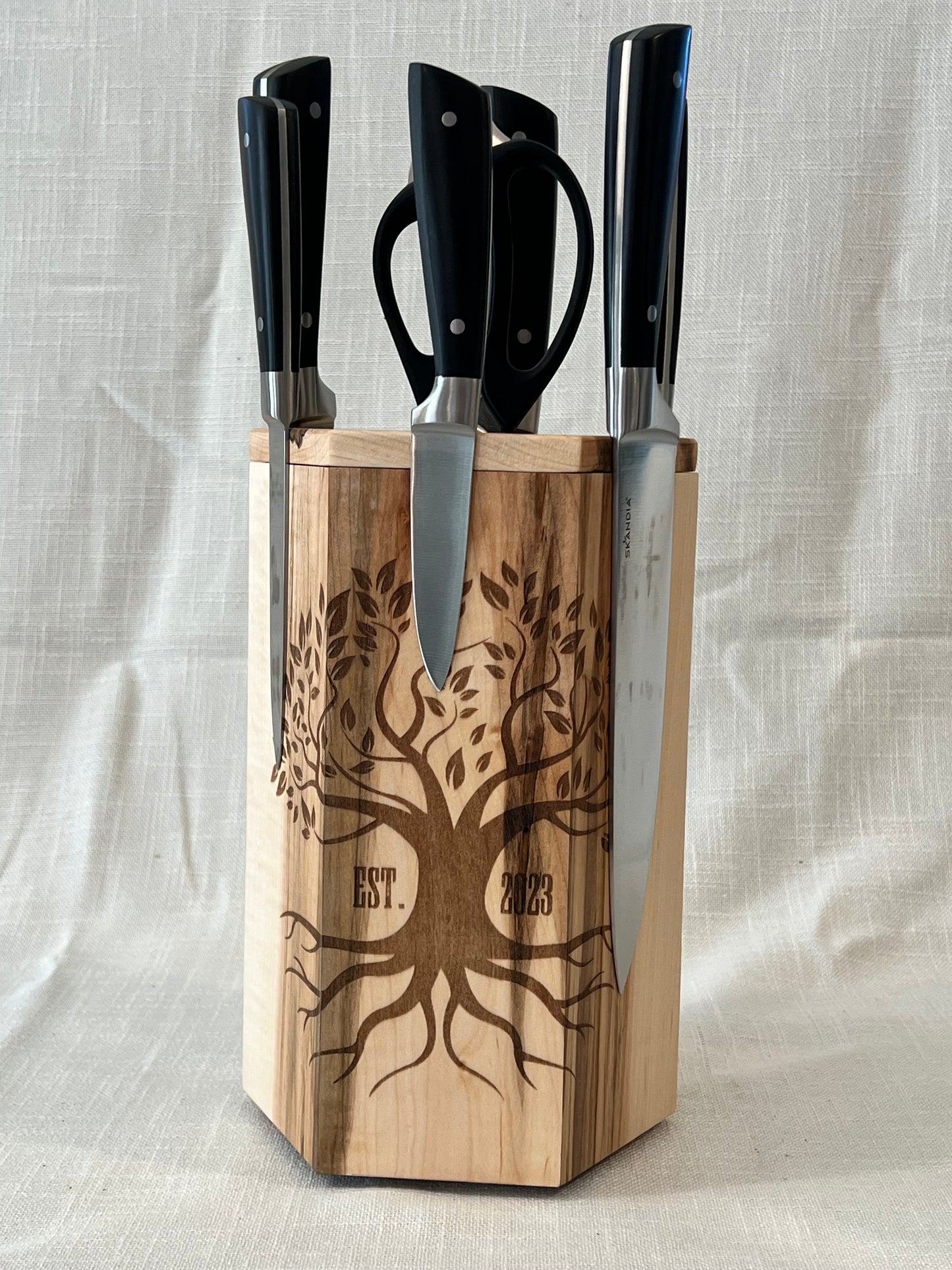 Hand-Made Ambrosia Maple Rotating Magnetic Knife Block, Custom Butterflies