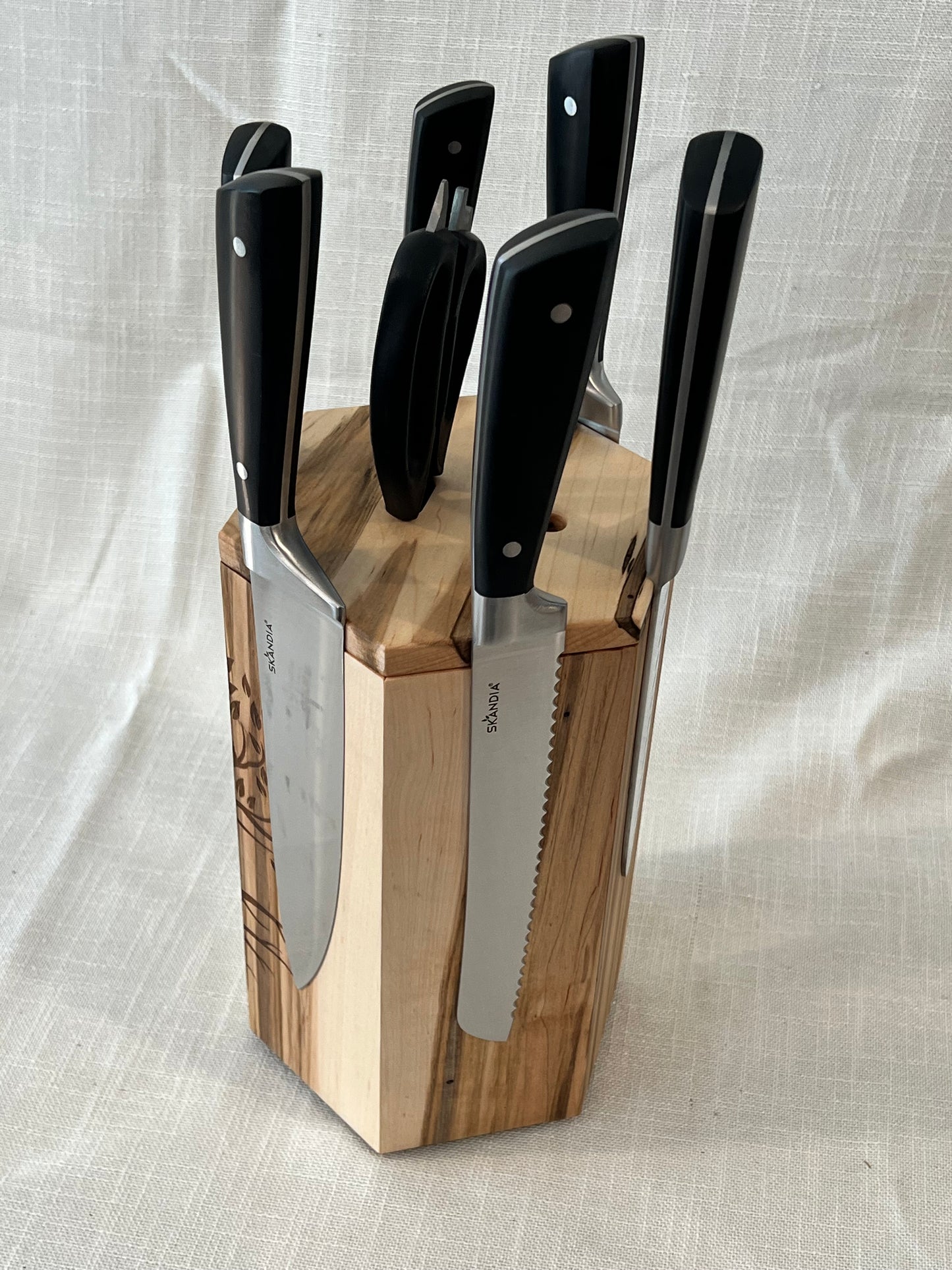 Hand-Made Ambrosia Maple Rotating Magnetic Knife Block, Custom Butterflies