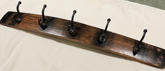 Coat rack, bourbon barrel stave, 5 rustic hooks, black