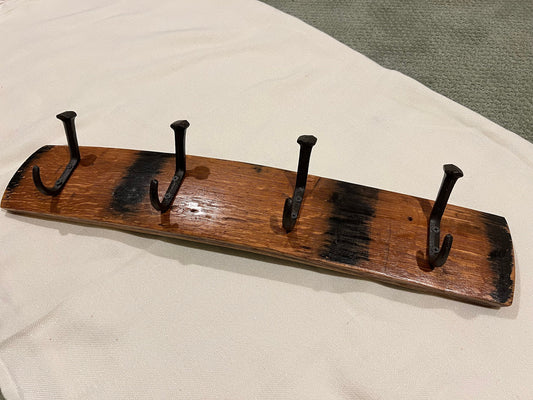 Coat rack, bourbon barrel stave, 4 rustic hooks, black bent railroad ties nail