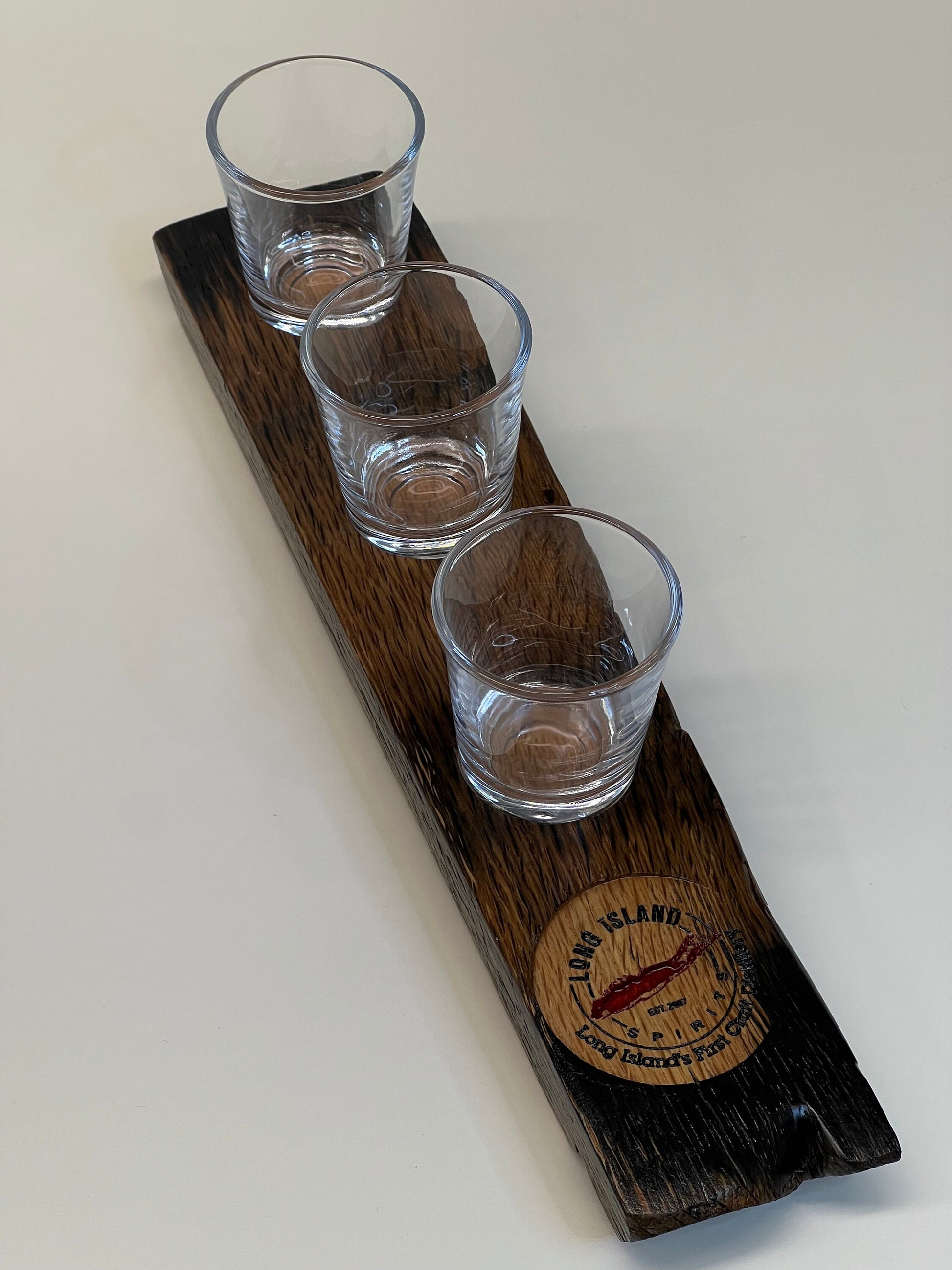 3 Shot Flight Board, whiskey stave flight board, custom logo