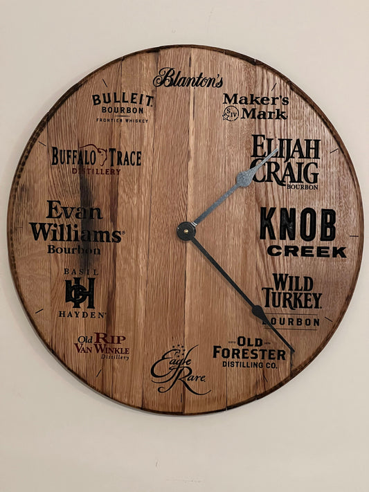 whiskey barrel top clock, bourbon blantons bulleit makers mark elijah craig knob creek wild turkey old forester eagle rare old rip van winjkle basil hayden evan williams buffalo trace